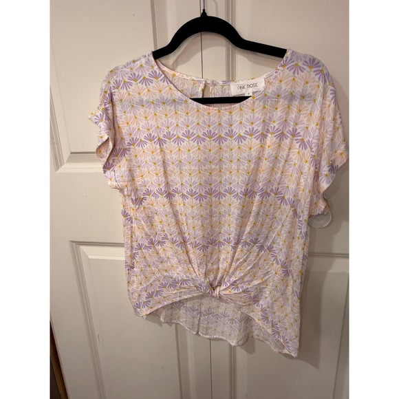 Pink Rose Tops - Pink Rose Womens Floral Daisy Twist Front Short Sleeve Blouse Purple Peach Small